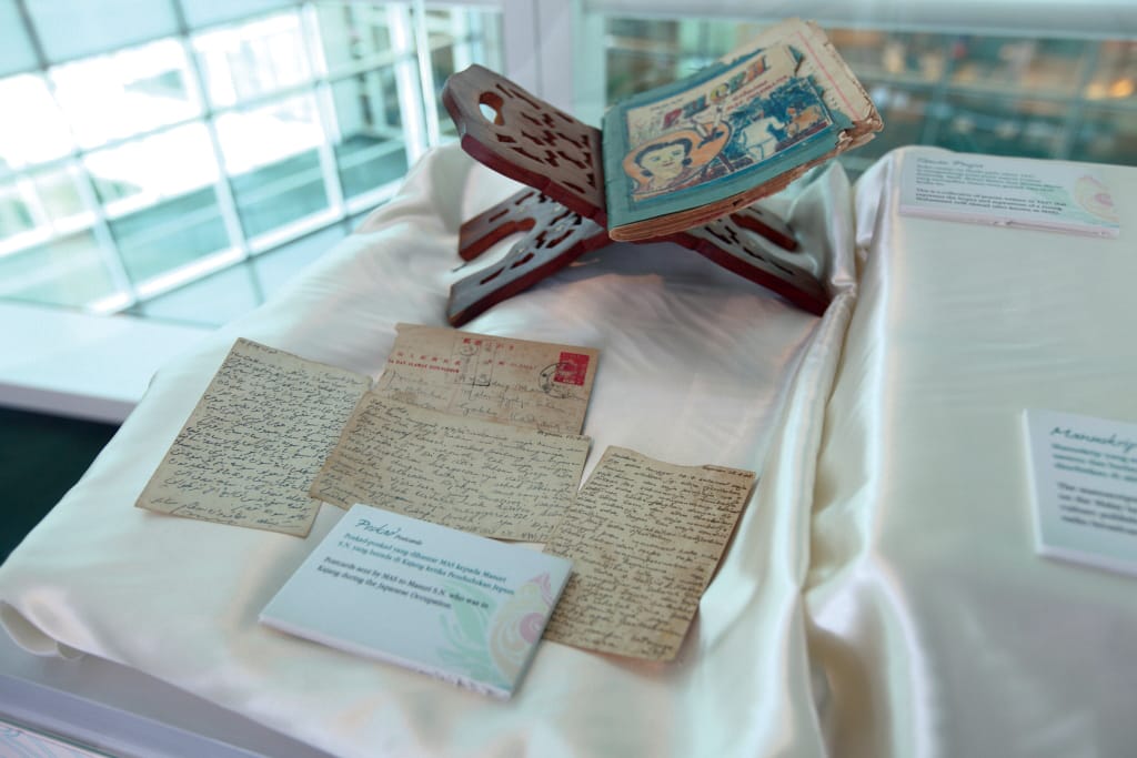 From top:Taman Puspa is a collection of poems written in 1947 that expresses the hopes and aspirations of MAS, the pen name of Muhammad Ariff Ahmad; postcards to Masuri S.N., who was in Kajang during the Japanese Occupation.